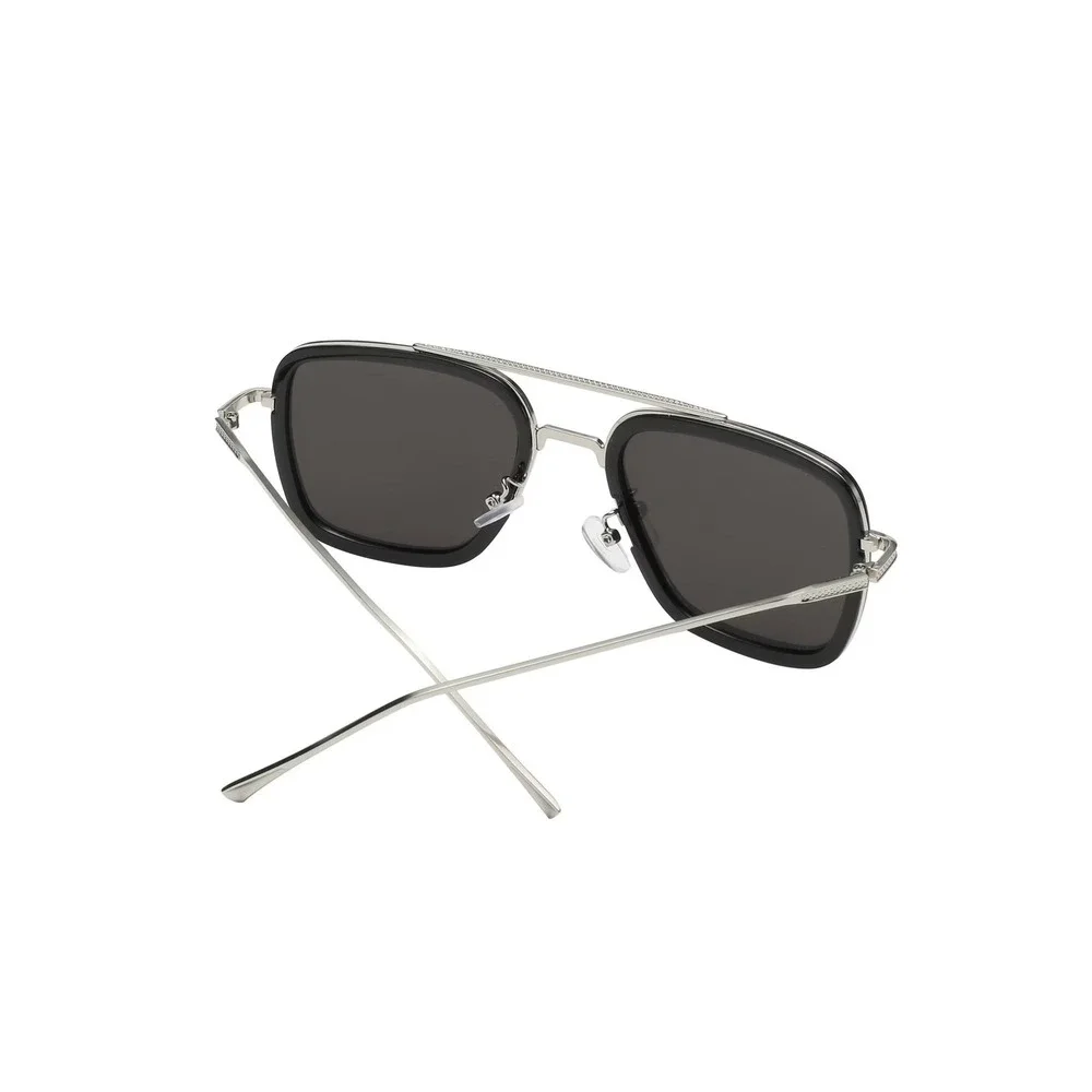 Mens Square Sunglasses Silver Mirror Lens Black Frame Double Bridge Classic 2026